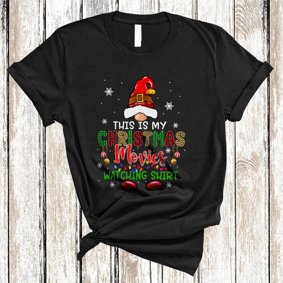 MacnyStore - This Is My Christmas Movies Watching Shirt, Cheerful Leopard Plaid Gnome, X-mas Family Group T-Shirt