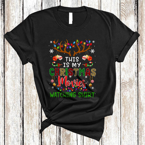 MacnyStore - This Is My Christmas Movies Watching Shirt, Cheerful Leopard Plaid Reindeer, X-mas Family Group T-Shirt
