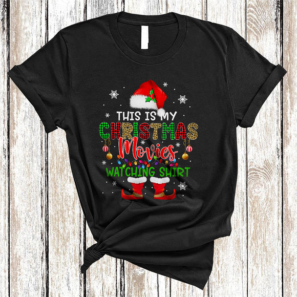 MacnyStore - This Is My Christmas Movies Watching Shirt, Cheerful Leopard Plaid Santa, X-mas Family Group T-Shirt
