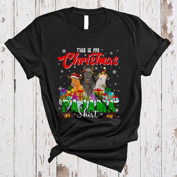 MacnyStore - This Is My Christmas Pajama Shirt Cool Colorful Xmas Lights ELF Reindeer Santa Cow Farmer T-Shirt