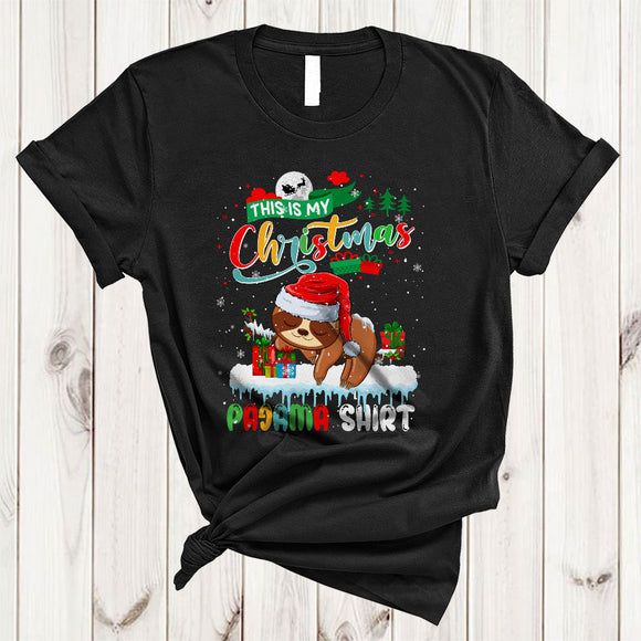 MacnyStore - This Is My Christmas Pajama Shirt, Adorable Santa Sloth Animal Lover, X-mas Lights Snow T-Shirt