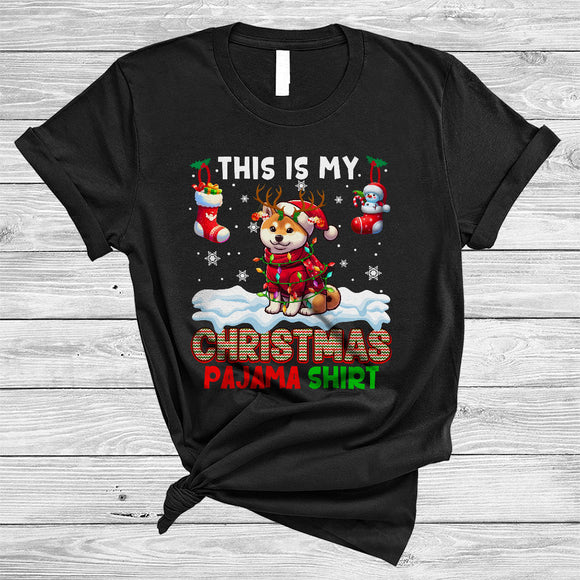 MacnyStore - This Is My Christmas Pajama Shirt, Amazing Santa Reindeer Shiba Inu, X-mas Lights Socks T-Shirt