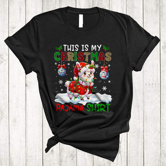 MacnyStore - This Is My Christmas Pajama Shirt, Awesome Leopard Plaid Santa Llama, X-mas Animal Lover T-Shirt