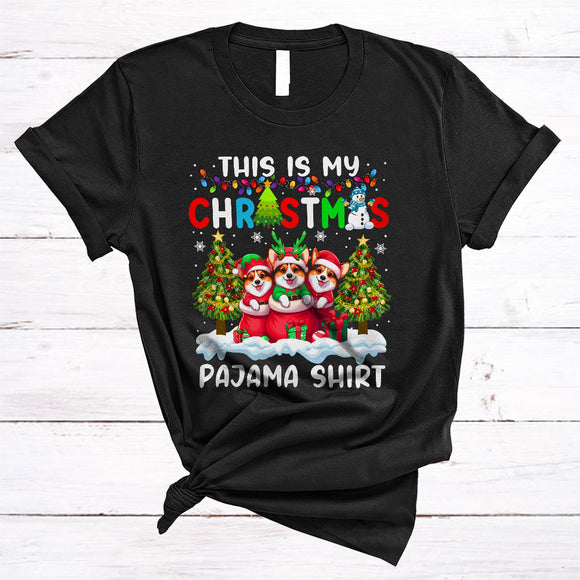 MacnyStore - This Is My Christmas Pajama Shirt, Colorful Cute X-mas Three Corgi In Santa Bag, X-mas Family T-Shirt