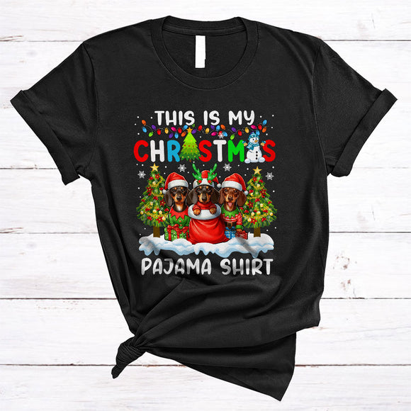 MacnyStore - This Is My Christmas Pajama Shirt, Colorful Cute X-mas Three Dachshund In Santa Bag, X-mas Family T-Shirt