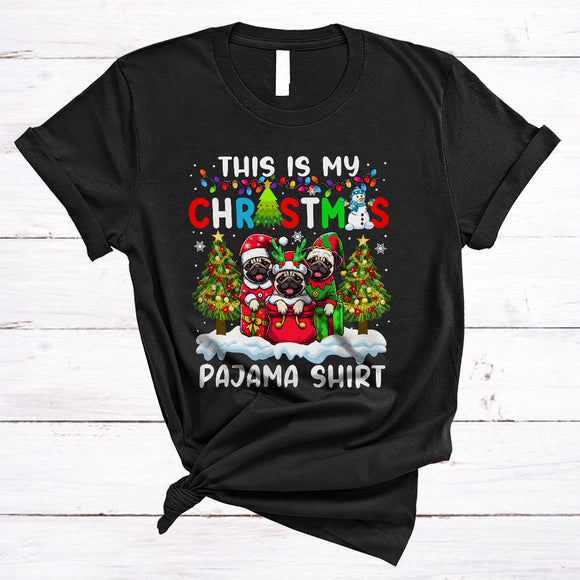 MacnyStore - This Is My Christmas Pajama Shirt, Colorful Cute X-mas Three Pug In Santa Bag, X-mas Family T-Shirt