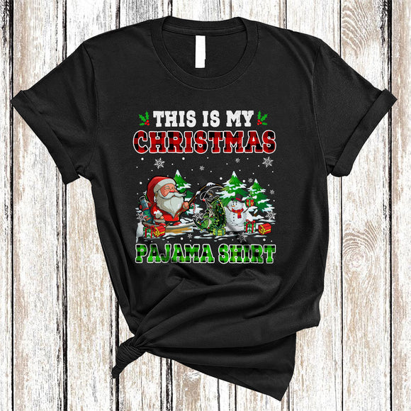 MacnyStore - This Is My Christmas Pajama Shirt, Colorful Plaid X-mas Santa Fishing, Snow Around Family Group T-Shirt