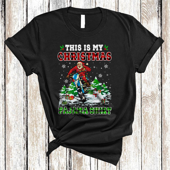 MacnyStore - This Is My Christmas Pajama Shirt, Colorful Plaid X-mas Santa Riding Dirt Bike, Snow Around Family Group T-Shirt