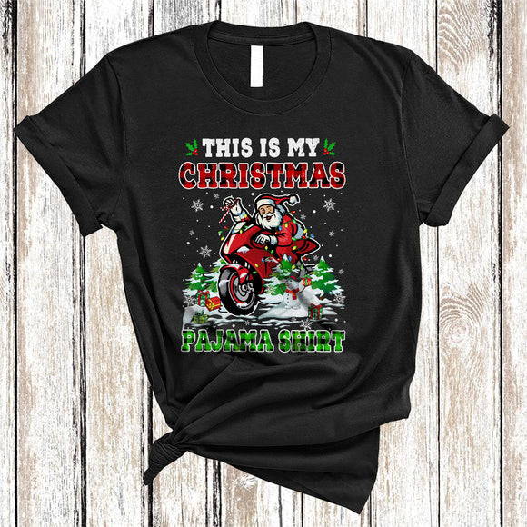 MacnyStore - This Is My Christmas Pajama Shirt, Colorful Plaid X-mas Santa Riding Motobike, Snow Around Family Group T-Shirt