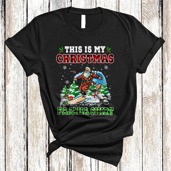 MacnyStore - This Is My Christmas Pajama Shirt, Colorful Plaid X-mas Santa Surfing, Snow Around Family Group T-Shirt