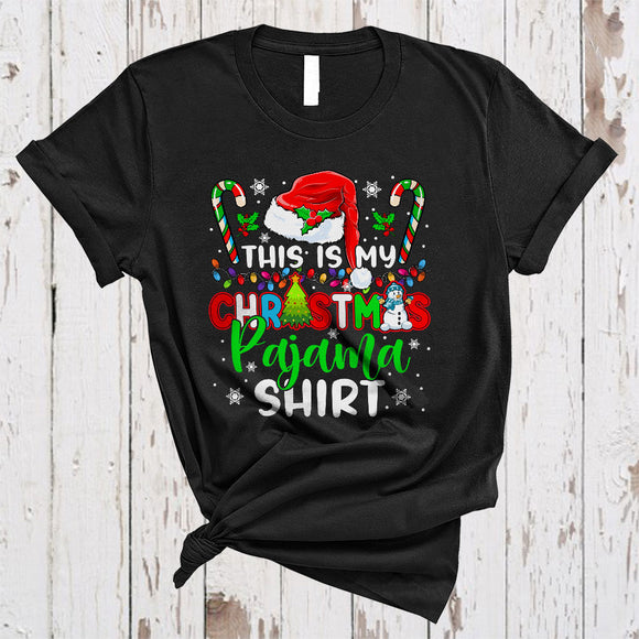 MacnyStore - This Is My Christmas Pajama Shirt, Colorful X-mas Lights Santa Hat Candy Canes, Family Group T-Shirt