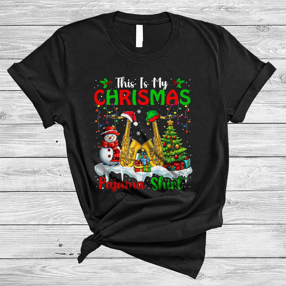 MacnyStore - This Is My Christmas Pajama Shirt, Colorful X-mas Lights Saxophone, Snow Musical Instruments T-Shirt