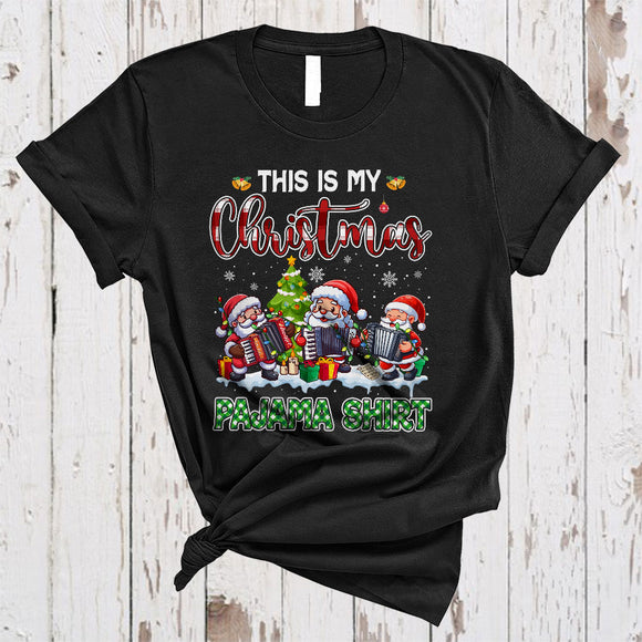 MacnyStore - This Is My Christmas Pajama Shirt, Cute Plaid Three Santa Playing Accordion, Accordion Player Group T-Shirt