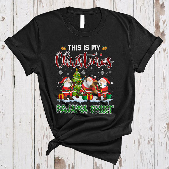 MacnyStore - This Is My Christmas Pajama Shirt, Cute Plaid Three Santa Playing Basson, Basson Player Group T-Shirt