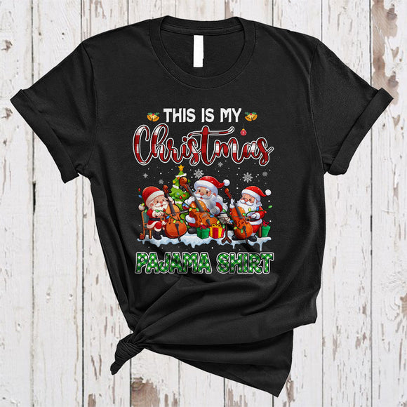 MacnyStore - This Is My Christmas Pajama Shirt, Cute Plaid Three Santa Playing Cello, Cello Player Group T-Shirt