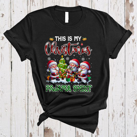 MacnyStore - This Is My Christmas Pajama Shirt, Cute Plaid Three Santa Playing Clarinet, Clarinet  Player Group T-Shirt