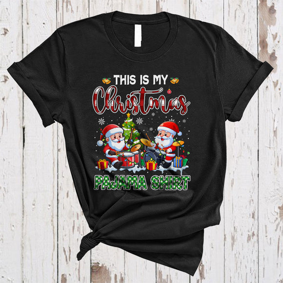 MacnyStore - This Is My Christmas Pajama Shirt, Cute Plaid Three Santa Playing Drum, Drum Player Group T-Shirt