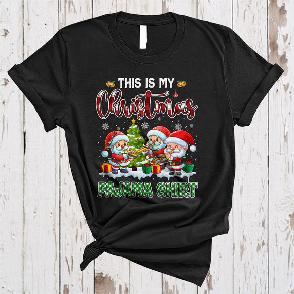 MacnyStore - This Is My Christmas Pajama Shirt, Cute Plaid Three Santa Playing Flute, Flute Player Group T-Shirt