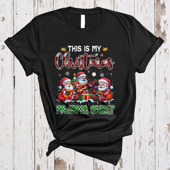 MacnyStore - This Is My Christmas Pajama Shirt, Cute Plaid Three Santa Playing Guitar, Guitarist Group T-Shirt