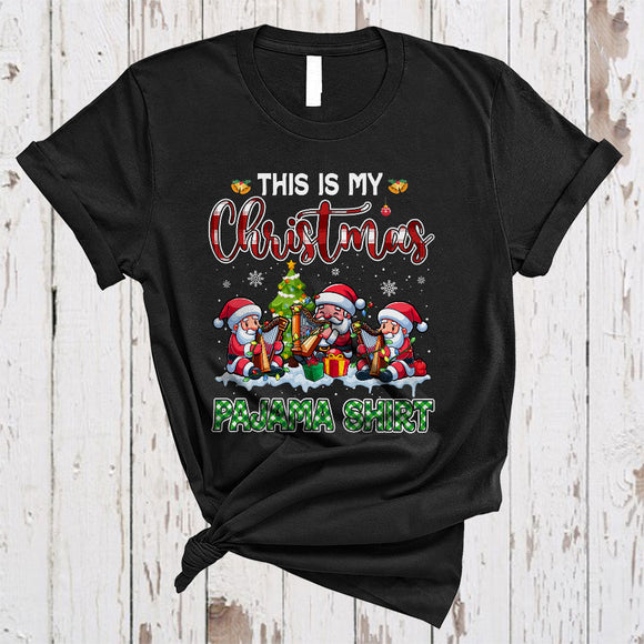 MacnyStore - This Is My Christmas Pajama Shirt, Cute Plaid Three Santa Playing Harp, Harp Player Group T-Shirt