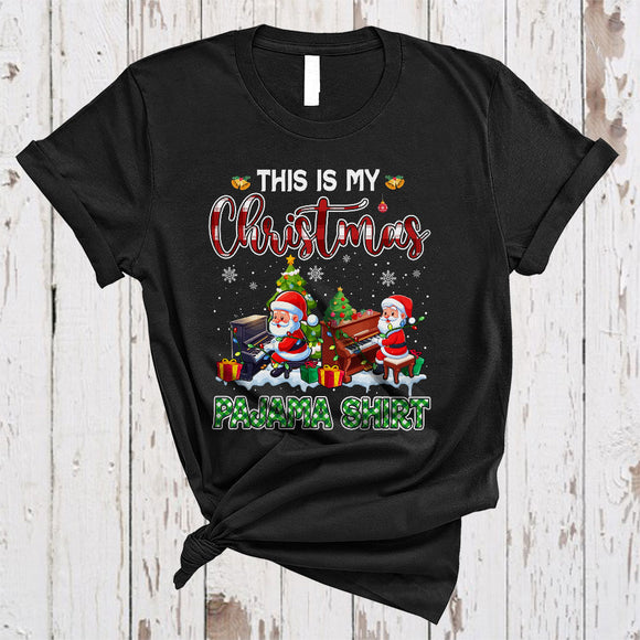 MacnyStore - This Is My Christmas Pajama Shirt, Cute Plaid Three Santa Playing Piano, Piano Player Group T-Shirt