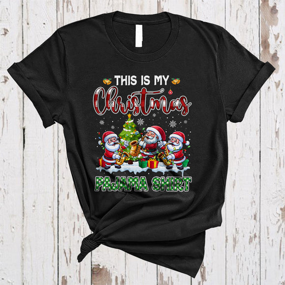 MacnyStore - This Is My Christmas Pajama Shirt, Cute Plaid Three Santa Playing Saxophone, Saxophone Player Group T-Shirt