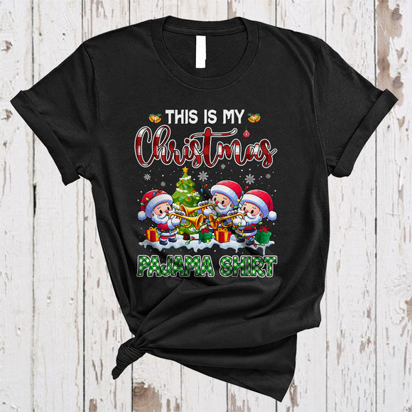 MacnyStore - This Is My Christmas Pajama Shirt, Cute Plaid Three Santa Playing Trumpet, Trumpet Player Group T-Shirt
