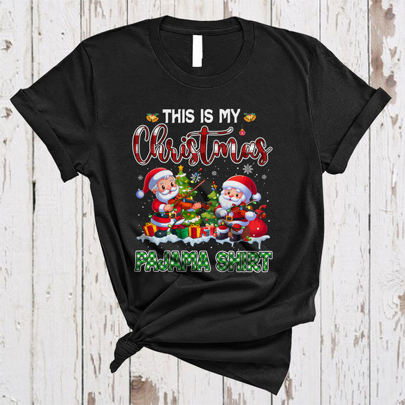 MacnyStore - This Is My Christmas Pajama Shirt, Cute Plaid Three Santa Playing Violon, Violon Player Group T-Shirt