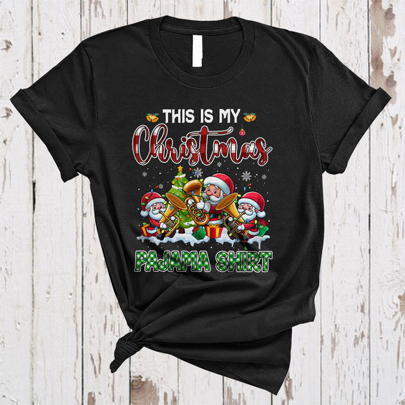 MacnyStore - This Is My Christmas Pajama Shirt, Cute Plaid Three Santa Playing Tuba, Tuba Player Group T-Shirt