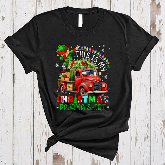 MacnyStore - This Is My Christmas Pajama Shirt, Funny Joyful Dabbing ELF On Pickup Truck, X-mas Lights Snow T-Shirt