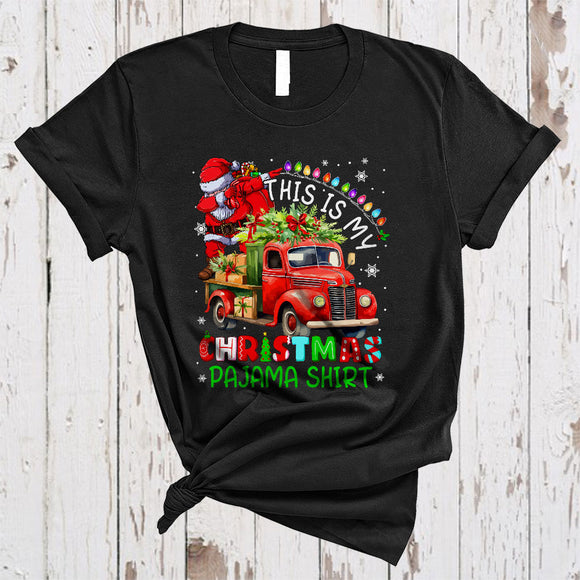 MacnyStore - This Is My Christmas Pajama Shirt, Funny Joyful Dabbing Santa On Pickup Truck, X-mas Lights Snow T-Shirt
