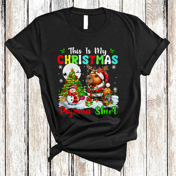 MacnyStore - This Is My Christmas Pajama Shirt, Joyful Cool Santa Capybara Animal Lover, X-mas Tree Lights T-Shirt