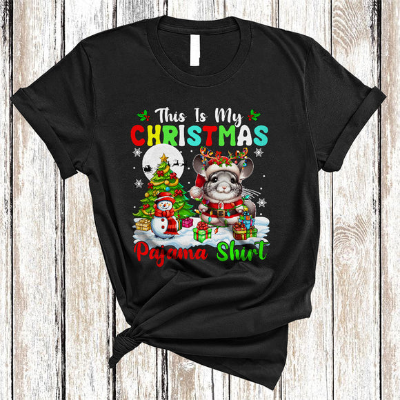 MacnyStore - This Is My Christmas Pajama Shirt, Joyful Cool Santa Chinchilla Animal Lover, X-mas Tree Lights T-Shirt