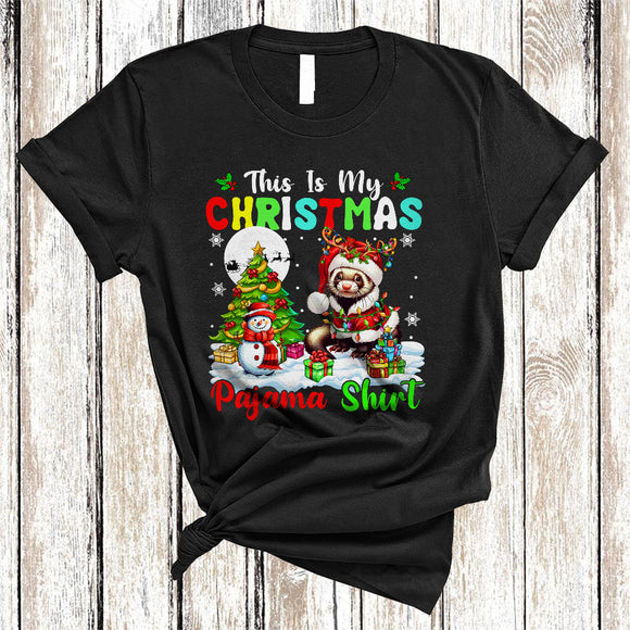 MacnyStore - This Is My Christmas Pajama Shirt, Joyful Cool Santa Ferret Animal Lover, X-mas Tree Lights T-Shirt