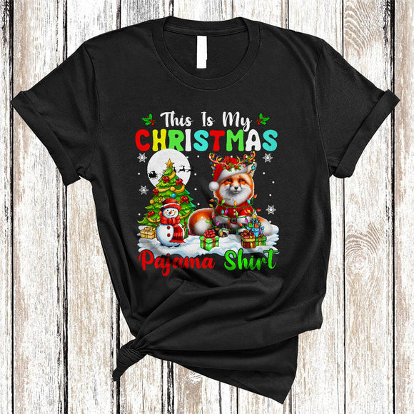 MacnyStore - This Is My Christmas Pajama Shirt, Joyful Cool Santa Fox Animal Lover, X-mas Tree Lights T-Shirt