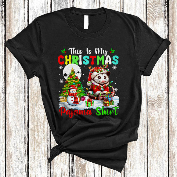 MacnyStore - This Is My Christmas Pajama Shirt, Joyful Cool Santa Opossum Animal Lover, X-mas Tree Lights T-Shirt