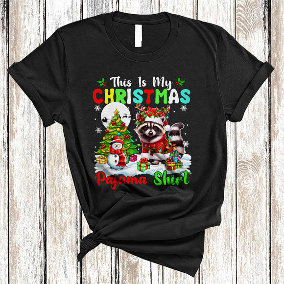 MacnyStore - This Is My Christmas Pajama Shirt, Joyful Cool Santa Raccoon Animal Lover, X-mas Tree Lights T-Shirt
