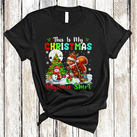 MacnyStore - This Is My Christmas Pajama Shirt, Joyful Cool Santa Squirrel Animal Lover, X-mas Tree Lights T-Shirt