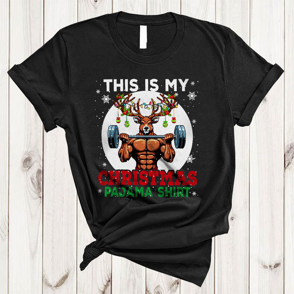 MacnyStore - This Is My Christmas Pajama Shirt, Joyful Reindeer Weightlifting Lover, X-mas Lights Workout T-Shirt