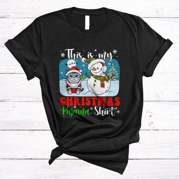 MacnyStore - This Is My Christmas Pajama Shirt, Joyful X-mas Santa Kitten Snowman, Snow Family Group T-Shirt