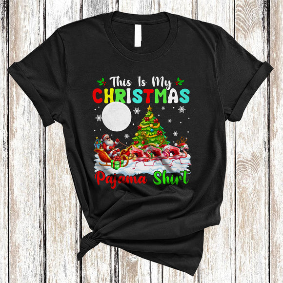 MacnyStore - This Is My Christmas Pajama Shirt, Lovely Awesome X-mas Flamingo Lover, Santa Reindeer Sleigh T-Shirt