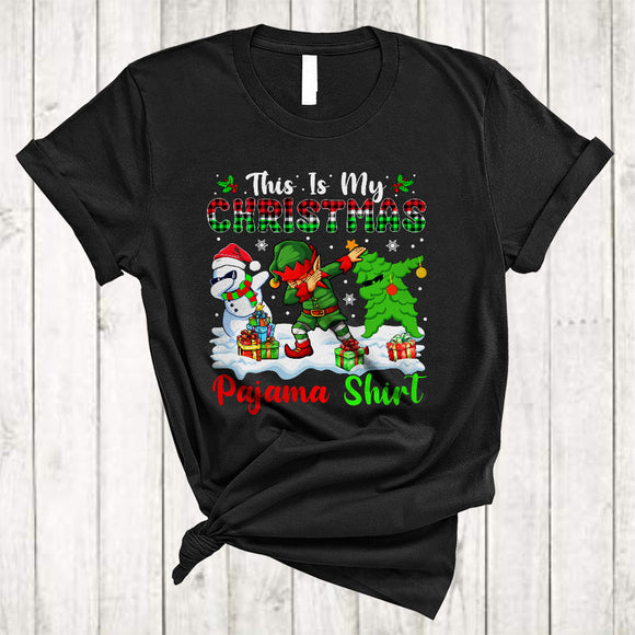MacnyStore - This Is My Christmas Pajama Shirt, Lovely Dabbing ELF Snowman X-mas Tree, Plaid Family Group T-Shirt
