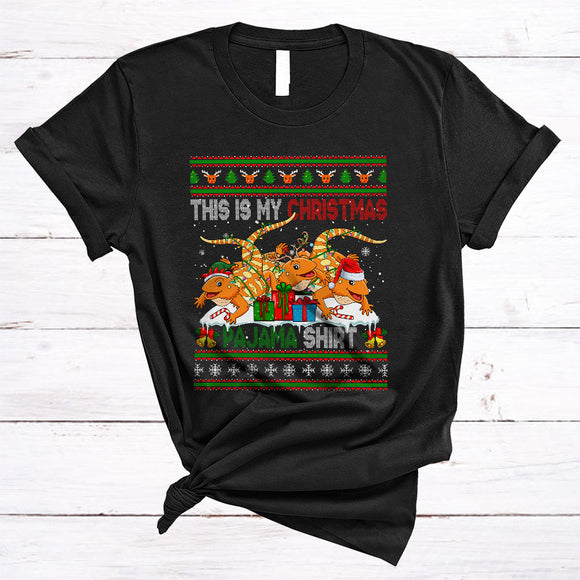 MacnyStore - This Is My Christmas Pajama Shirt, Lovely Three Santa ELF Reindeer Bearded Dragon, Sweater Animal T-Shirt