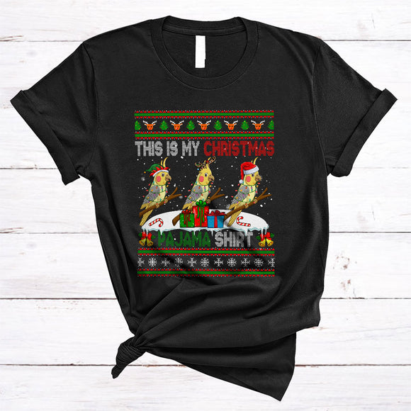 MacnyStore - This Is My Christmas Pajama Shirt, Lovely Three Santa ELF Reindeer Cockatiel, Sweater Animal T-Shirt