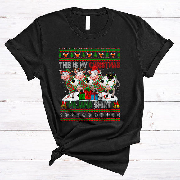 MacnyStore - This Is My Christmas Pajama Shirt, Lovely Three Santa ELF Reindeer Cow, Sweater Animal T-Shirt