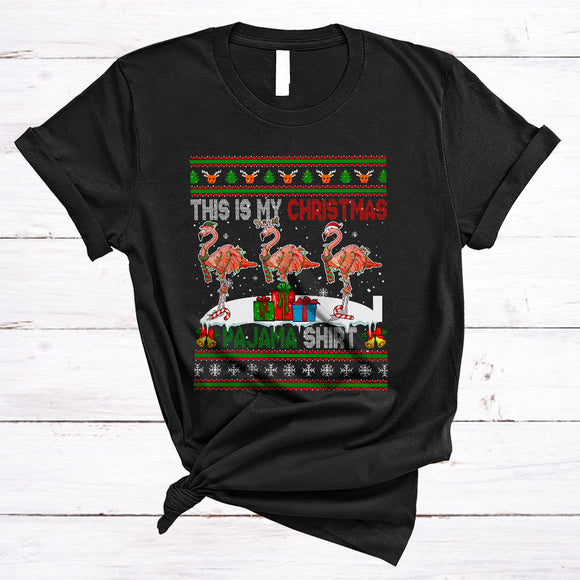 MacnyStore - This Is My Christmas Pajama Shirt, Lovely Three Santa ELF Reindeer Flamingo, Sweater Animal T-Shirt