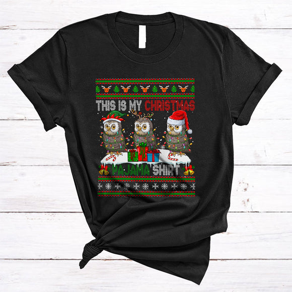 MacnyStore - This Is My Christmas Pajama Shirt, Lovely Three Santa ELF Reindeer Owl, Sweater Animal T-Shirt