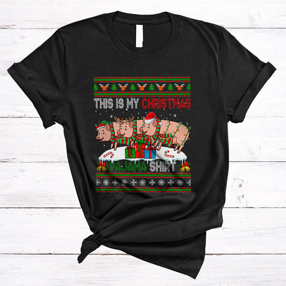 MacnyStore - This Is My Christmas Pajama Shirt, Lovely Three Santa ELF Reindeer Pig, Sweater Animal T-Shirt
