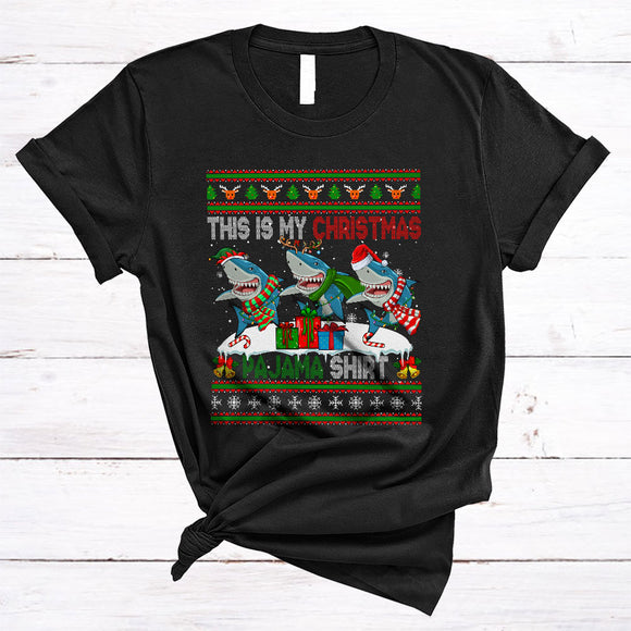 MacnyStore - This Is My Christmas Pajama Shirt, Lovely Three Santa ELF Reindeer Shark Fish, Sweater Animal T-Shirt