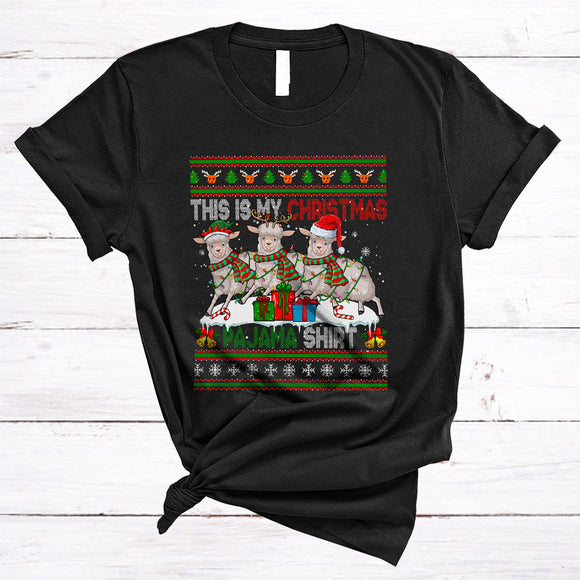 MacnyStore - This Is My Christmas Pajama Shirt, Lovely Three Santa ELF Reindeer Sheep, Sweater Animal T-Shirt